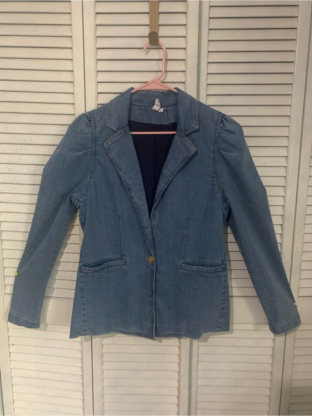 Elan Light Blue Denim Single-Button Blazer With Puff Shoulder Sleeves